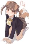  1girl :q all_fours animal_ears bangs brown_hair brown_skirt commentary_request dog_ears double_bun eyebrows_visible_through_hair eyelashes fake_animal_ears frilled_skirt frills full_body heart highres idolmaster idolmaster_shiny_colors looking_at_viewer paw_print ribbon school_uniform shadow short_twintails sidelocks simple_background skirt socks solo sonoda_chiyoko tail tail_wagging tongue tongue_out twintails white_background white_legwear yellow_eyes yellow_ribbon yui081 