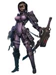  1girl armor belt black_hair black_mask bodysuit chain_paradox covered_navel full_body hetza_(hellshock) holding holding_weapon looking_at_viewer mask medium_hair mouth_mask purple_bodysuit purple_eyes science_fiction sheath sheathed solo standing sword tight transparent_background weapon 