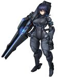  1girl arm_armor black_eyes black_hair bodysuit breasts closed_mouth dairoku_ryouhei full_body grey_bodysuit hetza_(hellshock) holding holding_weapon large_breasts leg_armor medium_hair pouch science_fiction skin_tight solo standing transparent_background weapon 