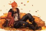  1boy animal_ears autumn_leaves black_footwear black_pants boots brown_background brown_gloves cat_boy cat_ears cat_tail closed_eyes commentary_request falling_leaves final_fantasy final_fantasy_xiv fingerless_gloves full_body g&#039;raha_tia gloves grbraku highres jacket jewelry leaf male_focus miqo&#039;te neck_tattoo necklace open_mouth pants red_hair red_jacket shirt short_hair short_sleeves sitting smile solo tail tattoo white_shirt 