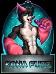  anthro big_hands canid canine crotch_tuft fox glistening glistening_body hi_res iaian_luxo_fox kona_fuzz male mammal muscular smile solo sparkles text tuft wide_hips 