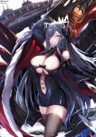  1girl animal_ears arm_up august_von_parseval_(azur_lane) azur_lane bangs bare_shoulders black_dress blue_hair breasts brown_legwear clothing_cutout commentary_request cowboy_shot detached_sleeves dress fake_animal_ears gloves hair_over_one_eye highres horns large_breasts long_hair long_sleeves looking_at_viewer mechanical_dragon mechanical_horns midriff navel nekoya_(liu) parted_lips purple_eyes revision short_dress signature solo standing thighhighs twitter_username very_long_hair white_gloves 