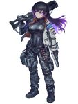  1girl black_footwear black_gloves black_hair black_pants black_shirt blue_eyes breasts camouflage camouflage_pants dairoku_ryouhei dual_wielding full_body gloves gun handgun hetza_(hellshock) holding holding_weapon jacket knee_pads large_breasts long_hair long_sleeves multicolored_hair pants pistol pouch purple_hair shirt shoes shotgun_shell skin_tight solo transparent_background two-tone_hair weapon white_jacket 