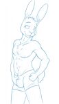  anthro belly_tuft biped blue_and_white bottomwear bucklebunny cheek_tuft chest_tuft clothing eyebrows facial_tuft guide_lines hand_on_bulge head_tuft hi_res inner_ear_fluff lagomorph leporid long_ears looking_aside male mammal monochrome navel neck_tuft nipples pants rabbit raised_eyebrow scut_tail short_tail sketch smile solo standing teeth tuft 