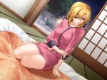  1girl bangs barefoot blonde_hair brown_eyes dutch_angle fujii_saeko futon game_cg hair_between_eyes hair_intakes indoors long_hair long_sleeves looking_away miniskirt pencil_skirt pink_shirt pink_skirt shiny shiny_hair shirt sitting skirt solo watanabe_yoshihiro zoku_hitou_meguri 