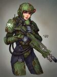  1girl absurdres armor astra_militarum breasts cowboy_shot gloves gun helmet highres khantian lasgun looking_at_viewer military military_uniform power_armor purple_eyes rifle signature soldier solo uniform warhammer_40k weapon 