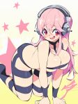  1girl absurdres aetherion all_fours bare_shoulders beltbra blush breasts cleavage embarrassed english_commentary gradient gradient_background hair_between_eyes headphones highres large_breasts long_hair nitroplus open_mouth pink_hair red_eyes smile solo super_sonico yellow_background 