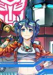  1boy 1girl artist_name autobot blue_eyes blue_gloves blue_hair breasts briefcase clenched_hand collarbone double_bun genderswap genderswap_(mtf) gloves goggles goggles_on_head grey_tube_top hand_on_hip highres holding holding_briefcase jacket kamizono_(spookyhouse) kotobukiya_bishoujo looking_ahead matrix_of_leadership mecha medium_breasts midriff navel optimus_prime optimus_prime_(kotobukiya_bishoujo) personification red_jacket science_fiction smile transformers 