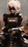 1girl blindfold breasts cleavage cleavage_cutout closed_mouth clothing_cutout clothing_request commentary dana_(ocana_dana) english_commentary highres holding holding_weapon mole nier_(series) nier_automata simple_background solo sword tagme weapon weapon_request yorha_no._2_type_b 