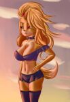  2022 absurd_res animal_crossing anthro big_breasts black_collar blonde_hair blue_clothing bottomwear breasts brown_nose canid canine canis cleavage clothed clothing cloud collar demongirl_demoness digital_drawing_(artwork) digital_media_(artwork) domestic_dog eyebrows female fingers floppy_ears fur hair half-closed_eyes hand_on_hip helluva_boss hi_res isabelle_(animal_crossing) legwear looking_aside loona_(helluva_boss) mammal midriff multicolored_body multicolored_fur narrowed_eyes navel nintendo portrait red_sclera shaded shih_tzu shorts simple_background solo spiked_collar spikes thigh_highs three-quarter_portrait toy_dog video_games white_body white_eyes white_fur yellow_body yellow_fur 