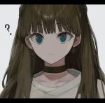  1girl ? bangs blue_eyes brown_hair choker closed_mouth commentary earrings es-ther face highres jewelry letterboxed long_hair looking_at_viewer original shirt solo upper_body white_shirt 