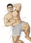  1boy :q arm_behind_head armpit_hair armpits bara beard black_hair chest_hair clothes_lift come_hither facial_hair foot_out_of_frame grey_shorts hairy husky_(produce_pandas) koji_(wildlhz) large_pectorals leg_hair lifted_by_self looking_at_viewer lying male_focus mature_male muscular muscular_male mustache navel navel_hair nipples on_back pectorals real_life round_eyewear seductive_smile shirt shirt_lift short_hair shorts sideburns sleeveless sleeveless_shirt smile solo stomach thick_eyebrows thick_thighs thighs tongue tongue_out topless_male white_shirt 