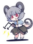  1girl animal_ears bangs black_footwear blue_capelet capelet dowsing_rod dress eyebrows_visible_through_hair fried_rice0614 full_body grey_dress grey_hair highres holding jewelry lightning_bolt_symbol mouse_ears nazrin one-hour_drawing_challenge open_mouth pendant red_eyes short_hair simple_background solo standing touhou triangle_mouth upper_body v-shaped_eyebrows white_background white_legwear 
