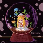  1girl blonde_hair closed_eyes crystal_ball english_commentary english_text flower flower_request hat holding holding_flower icicle_tokamak lily_white long_hair pixel_art seiza sitting solo touhou 