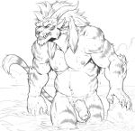  anthro badcoyote balls bathing biceps body_hair charr claws crotch_tuft ear_piercing eyebrows facial_piercing felid flaccid foreskin fur genitals grin guild_wars happy_trail hi_res horn humanoid_genitalia humanoid_penis looking_at_viewer male mammal mane monochrome multi_horn muscular muscular_anthro muscular_male navel nipple_piercing nipples nose_piercing nose_ring nude partially_submerged penis piercing pubes signature skinny_dipping slightly_chubby smile solo striped_body striped_fur stripes teeth thick_eyebrows tuft vein veiny_penis video_games walking water wet wet_body wet_fur 
