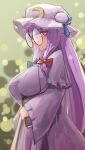  1girl bespectacled book bow breasts commentary_request crescent crescent_hat_ornament dress glasses hair_bow hat hat_ornament highres holding holding_book long_dress long_hair long_sleeves looking_at_viewer mob_cap patchouli_knowledge purple_eyes purple_hair solo touhou wide_sleeves zakozako_y 