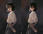  absurdres artist_name black_hair black_skirt commentary dana_(ocana_dana) english_commentary highres holding_own_arm kill_la_kill looking_away looking_back matoi_ryuuko red_hair shirt signature simple_background skirt tagme white_shirt 