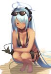  1girl absurdres bare_arms bare_legs barefoot bikini black_bikini black_bow black_choker black_gloves black_ribbon blue_archive bow breasts choker cleavage collarbone dark-skinned_female dark_skin full_body gloves hair_bow hair_over_one_eye halo highres iori_(blue_archive) long_hair medium_breasts multi-strapped_bikini mutsuki_albino open_mouth pointy_ears red_eyes ribbon shiny shiny_skin side-tie_bikini silver_hair simple_background solo squatting swimsuit tail twintails very_long_hair white_background 