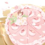  1girl bird bouquet bow cake chai cherry_blossoms closed_eyes commentary_request dessert dress flower food food_focus hair_flower hair_ornament holding holding_bouquet medium_hair minigirl original red_hair ribbon signature smile undersized_animal wedding_dress white_dress 