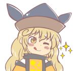  1girl bangs blonde_hair blush brown_headwear cape closed_mouth commentary_request constellation constellation_print detached_sleeves eyebrows_visible_through_hair grey_headwear gyate_gyate hair_between_eyes hat long_hair long_sleeves looking_to_the_side matara_okina one_eye_closed orange_cape shimaya_naokazu shirt simple_background smile solo star_(symbol) tabard tongue tongue_out touhou upper_body wavy_hair white_background white_shirt wide_sleeves yellow_eyes 