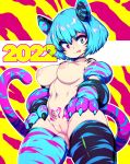  1girl 2022 :p absurdres animal_ears blue_eyes blue_hair breasts choker commentary eyebrows_visible_through_hair heterochromia highres inverted_nipples long_hair looking_at_viewer medium_breasts navel original pubic_tattoo pussy red_background red_eyes short_hair slugbox solo stomach tail tattoo thighhighs tiger_ears tiger_tail tongue tongue_out two-tone_background vomi_agogo yellow_background 