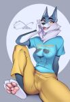  2022 anthro blush bottomwear canid canine canis clothing female hi_res illumination_entertainment katfishcom mammal pants pawpads porsha_crystal shirt simple_background sing_(movie) solo topwear wolf yellow_eyes 