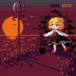 1girl ascot black_skirt blonde_hair darkness english_commentary english_text icicle_tokamak lamppost long_sleeves open_mouth outstretched_arms pixel_art red_eyes red_footwear red_neckwear red_ribbon ribbon rumia shirt shoes short_hair skirt solo spread_arms sun touhou white_shirt 