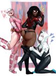  3girls absurdres ass belt black_hair black_panties bodysuit breasts clothes_pull dark-skinned_female dark_skin excited genderswap genderswap_(mtf) gwen_stacy gwenpool happy heart highres hood leotard looking_back marvel mask medium_breasts miles_morales multiple_girls open_mouth panties pants pants_pull pink_leotard redblacktac short_hair sideboob smile spanking spider-gwen spider-man_(series) superhero surprised underwear 