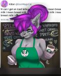  absurd_res angry anthro apron blazing-infurno blue_eyes breasts chalkboard clothing coffee_cup coffee_shop container cup domestic_cat felid feline felis female fur grey_body grey_fur hair hi_res inner_ear_fluff kitten_(dommagiccat) mammal meme mommy_kink nipples pen purple_hair solo text tuft 