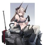  1girl arknights bare_shoulders black_collar black_gloves black_shirt blue_background breasts cleavage coat coat_removed collar crop_top demon_horns dmt_(auburn) elite_ii_(arknights) gloves grey_hair hair_ornament highres horns infection_monitor_(arknights) large_breasts long_hair midriff mudrock_(arknights) navel oripathy_lesion_(arknights) pants pink_eyes pointy_ears rock shirt shirt_tug sitting solo two-tone_background war_hammer weapon white_background white_coat white_pants 