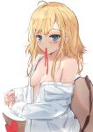  1girl absurdres bangs blonde_hair blue_eyes blush breasts commentary english_commentary highres long_hair long_sleeves mouth_hold naked_shirt open_clothes open_shirt original red_ribbon ribbon ribbon_in_mouth shirt shuuzo3 simple_background sleeves_past_wrists small_breasts solo tail upper_body white_background white_shirt 