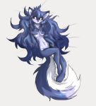  absurd_res anthro arm_tuft black_claws black_eyes black_nose blue_body blue_fur blue_hair breasts canid canine canis cheek_tuft claws clothing cowlick digitigrade eyebrow_through_hair eyebrows eyelashes facial_tuft female fur grey_eyebrows hair hi_res long_hair looking_aside lying mammal messy_hair navel neck_tuft nude on_back ress_(ress_ue) simple_background solo tan_background tinygaypirate torn_clothing translucent translucent_hair tuft wolf wrist_tuft 