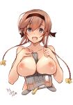  1girl black_headband blush braid breast_rest breasts chou-10cm-hou-chan_(teruzuki&#039;s) collarbone grey_eyes hachimaki hair_ornament hazuki_futahi headband highres kantai_collection large_breasts light_brown_hair long_hair nipples one-hour_drawing_challenge open_mouth propeller_hair_ornament teruzuki_(kancolle) twin_braids 