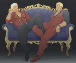  2boys bara beard bulge couch earrings facial_hair green_eyes jewelry large_pectorals long_sideburns male_focus manboobs mature_male multiple_boys muscular muscular_male one_eye_closed original pants pectoral_cleavage pectorals porkjinta shirt sideburns sitting tight watch white_hair yaoi 
