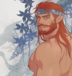  1boy bara beard chest_hair close-up dogandclover facial_hair hairy headband highres large_pectorals long_hair male_focus manboobs mature_male muscular muscular_male nipples original pectorals plant pointy_ears red_hair smile topless_male yaoi yellow_eyes 