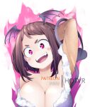  arm_behind_head artist_name blush boku_no_hero_academia breasts brown_hair cleavage clothing_request commentary demon_girl demon_tail english_commentary fangs head_wings heart heart-shaped_pupils hot_vr large_breasts looking_at_viewer open_mouth patreon_username pink_eyes pixiv_username short_hair simple_background symbol-shaped_pupils tail teeth tongue uraraka_ochako white_background 