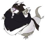  anthro baronshoebat belly belly_overhang belt big_belly claws cloak clothed clothing dagger dewlap_(anatomy) digit_ring double_chin finger_ring furgonomics gazar hi_res holding_dagger holding_object holding_weapon horn jewelry kobold leg_wraps love_handles male melee_weapon moobs morbidly_obese morbidly_obese_anthro morbidly_obese_male obese obese_anthro obese_male open_mouth open_smile overweight overweight_anthro overweight_male reptile ring_(jewelry) scales scalie simple_background smile solo standing tail_wraps teeth thick_thighs toe_claws torn_clothing weapon white_background white_body white_scales wide_hips wraps wrist_wraps 