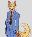  2022 alternate_species anthro clothed clothing domestic_cat felid feline felis fully_clothed furrification jojo&#039;s_bizarre_adventure kyaptainkiddo looking_away male mammal necktie purple_eyes smile solo suit yellow_body yoshikage_kira 