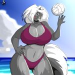  2022 absurd_res anthro ball beach big_breasts breasts chrisandcompany cleavage clothed clothing cloud female fur hair hair_over_eye hand_on_hip hi_res mammal mephitid one_eye_obstructed purple_clothing sea seaside skunk sky solo volleyball_(ball) water 