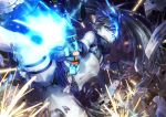  1girl action bangs bare_shoulders belt bikini bikini_top_only black_gloves black_hair black_rock_shooter black_rock_shooter_(character) black_rock_shooter_(dawn_fall) black_shorts blue_eyes bolt breasts clenched_teeth debris feet_out_of_frame finger_on_trigger firing flaming_eye from_below gloves gun hand_up highres holding holding_gun holding_weapon long_hair looking_at_viewer looking_down midriff navel nisui_noki nut_(hardware) pale_skin short_shorts shorts small_breasts solo spread_legs swimsuit teeth turtleneck twintails weapon 