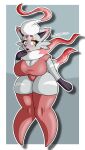  2022 absurd_res anthro big_breasts blush bootleggz breasts canid canine cel_shading cleavage clothed clothing digital_media_(artwork) fangs female fox fur glistening glistening_body grey_body hi_res hisuian_zorua legwear looking_at_viewer mammal neck_tuft nintendo open_mouth pok&eacute;mon pok&eacute;mon_(species) pokemon_legends_arceus red_body red_fur regional_form_(pok&eacute;mon) shaded signature simple_background solo solo_focus stockings tail_tuft teeth thick_thighs tuft video_games white_body white_fur yellow_eyes zorua 