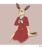  2022 anthro clothed clothing container cup female fur hi_res holding_cup holding_object jimfoxx kangaroo kneeling looking_at_viewer macropod mammal marsupial odd_taxi paws robe smile solo taeko_(odd_taxi) 