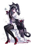  1girl ;) alcohol animal_ears artist_name bangs bare_shoulders black_dress black_gloves black_hair black_hairband blood bug butterfly cat_ears cat_tail commentary cup dress drinking_glass elbow_gloves eyebrows_visible_through_hair flower full_body garter_straps gloves hairband high_heels highres holding holding_cup long_hair one_eye_closed original petticoat red_eyes red_flower red_footwear red_rose revision rose sheya short_dress signature simple_background sitting smile solo tail thighhighs thighs twintails white_background wine wine_glass zettai_ryouiki 