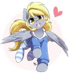  &lt;3 2022 blonde_hair blush clothing derpy_hooves_(mlp) equid equine feathered_wings feathers female feral friendship_is_magic grey_body hair hasbro hi_res legwear mammal my_little_pony nekoshiei open_mouth open_smile pegasus simple_background smile solo stockings white_background wings yellow_eyes yellow_tail 