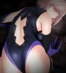  1girl all_fours ass back_cutout bangs bare_shoulders breasts clothing_cutout elbow_gloves fate/grand_order fate_(series) gloves hair_over_one_eye leotard looking_back mash_kyrielight medium_breasts pink_hair purple_eyes short_hair skin_tight sleeveless solo thigh_strap thighhighs yadokari_genpachirou 