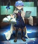  1boy absurdres amuroseo blue_eyes blue_hair book bow bowtie commentary english_commentary fate/grand_order fate_(series) glasses hans_christian_andersen_(fate) headphones highres long_sleeves looking_at_viewer male_focus oversized_clothes shirt short_hair striped tablet_pc vest 