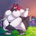 anthro belly belly_hair big_belly big_breasts body_hair breasts canid canine canis cel_shading city city_background claws fangs female field flower fluffy fur grass grey_body grey_fur hair hand_on_stomach hi_res long_hair mammal morbidly_obese morbidly_obese_anthro navel neck_tuft neon_lights obese obese_anthro overweight overweight_anthro paws plant raised_arm red_hair reflection river shaded sign skyscraper smile solo star sunset sv3n teeth thick_tail thick_thighs tuft watermark white_body white_fur wolf 