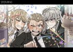  1boy 2girls 3others black_necktie black_ribbon black_serafuku blonde_hair blush box cake closed_mouth collared_shirt confetti danganronpa_(series) danganronpa_2:_goodbye_despair dated doorway food formal freckles gift gift_box glasses green_eyes grin holding holding_cake holding_food holding_gift korean_commentary kuzuryuu_fuyuhiko kuzuryuu_natsumi mole mole_under_mouth multiple_girls multiple_others necktie open_mouth party_popper pekoyama_peko psg011204 red_eyes ribbon scar scar_across_eye scar_on_face school_uniform serafuku shirt silver_hair smile striped_suit suit sweatdrop weapon weapon_bag weapon_on_back yellow_eyes 