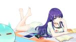  1girl arm_rest bangs barefoot blunt_bangs book casual chips choker closed_eyes czk feet feet_up food genshin_impact highres long_hair lying nintendo_switch off_shoulder on_stomach potato_chips purple_eyes purple_hair raiden_shogun shirt short_sleeves slime_(genshin_impact) smile solo the_pose toes undershirt white_shirt 