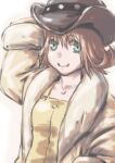  1girl breasts brown_hair closed_mouth cowboy_hat final_fantasy final_fantasy_viii flipped_hair hat jacket jewelry looking_at_viewer lowres necklace selphie_tilmitt short_hair simple_background smile solo white_background yellow_overalls 